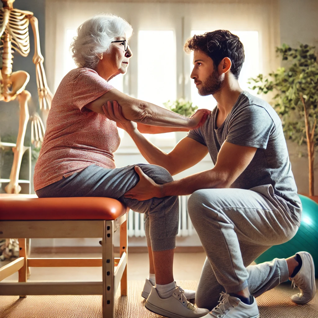 Anciana realizando ejercicio de sentadilla asistida