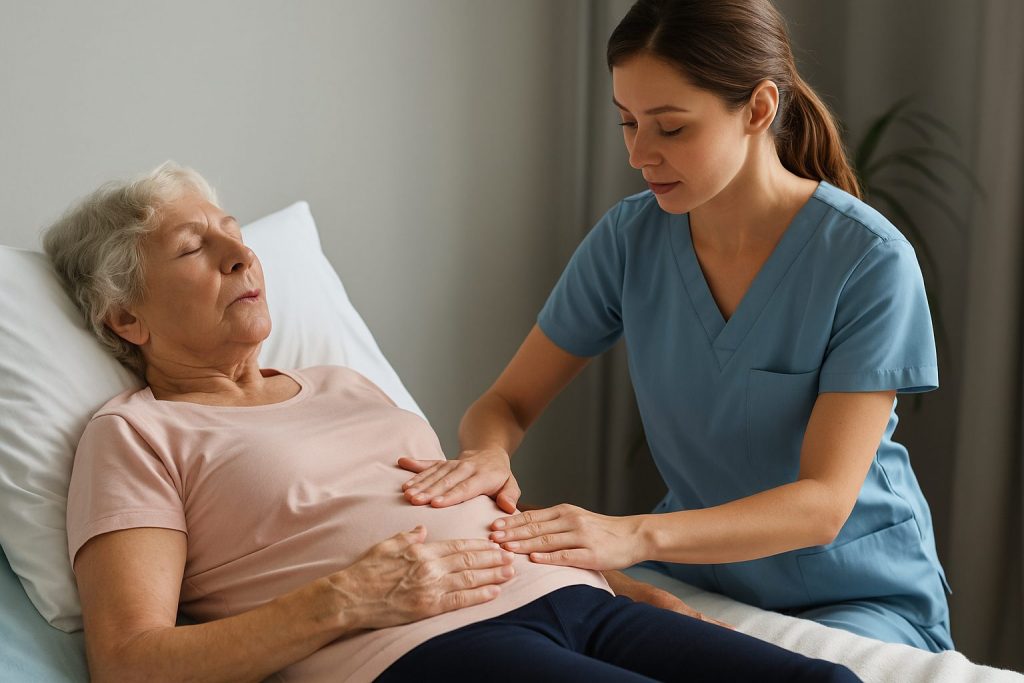 anciana haciendo ejercicios respiratorios diafragmáticos en cama con la ayuda de una fisioterapeuta