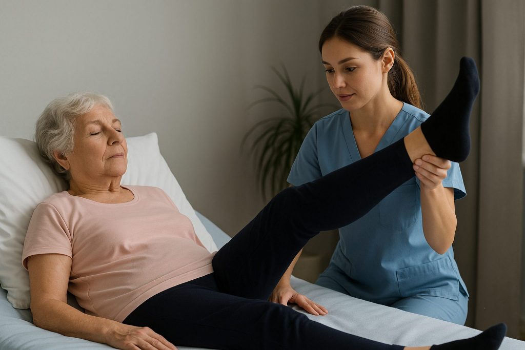 anciana haciendo ejercicios de elevación de pierna recta (SLR-Straigh Leg Raise) con la ayuda de una fisioterapeuta