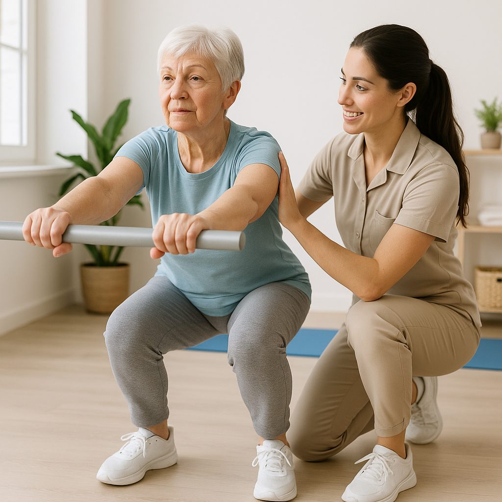  anciana haciendo ejercicios de sentadilla asistida con la ayuda de una fisioterapeuta