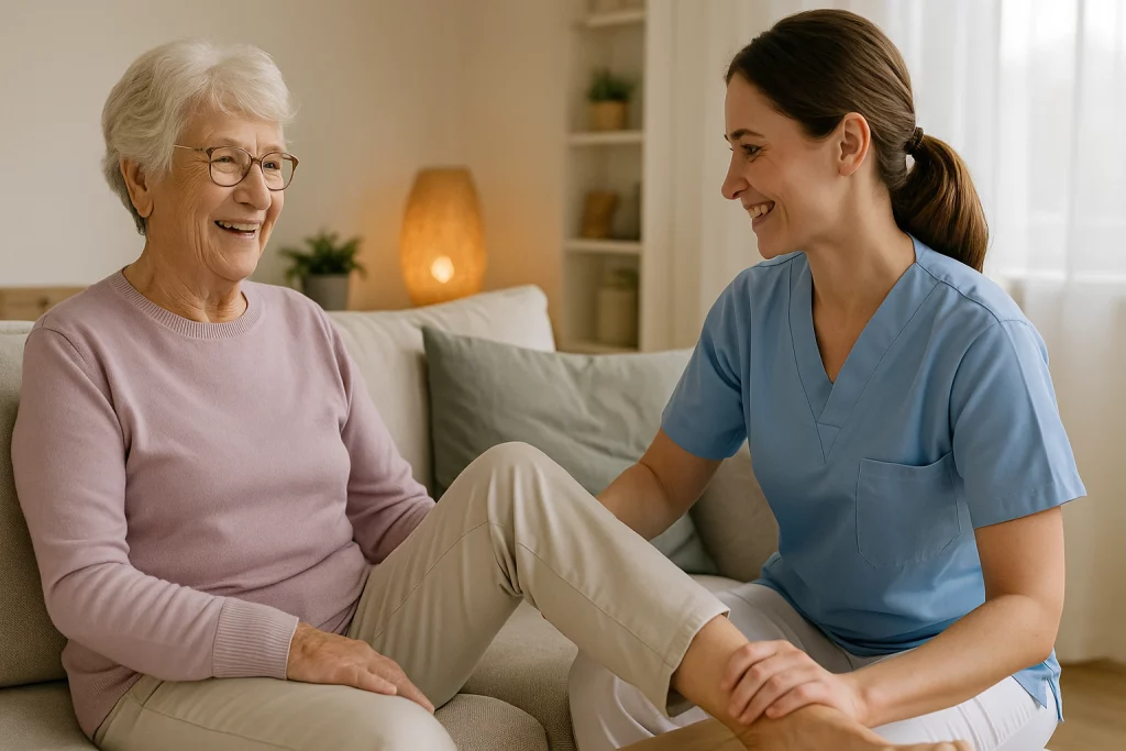 Paciente mayor beneficiaria del Cheque Servicio recibiendo fisioterapia a domicilio en Madrid.