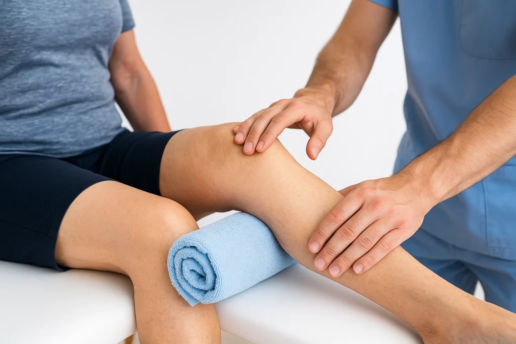 Ejercicio de flexo-extensión suave con toalla para mejorar movilidad en artrosis de rodilla.